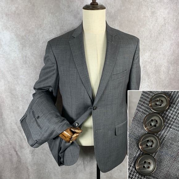 Jos A Bank Suit Men 41R Gray 1905 Windowpane Glen Check Tailored 34x31